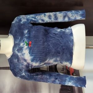 Blue Tie-Dye Long Sleeve Top with Cherry Embroidery